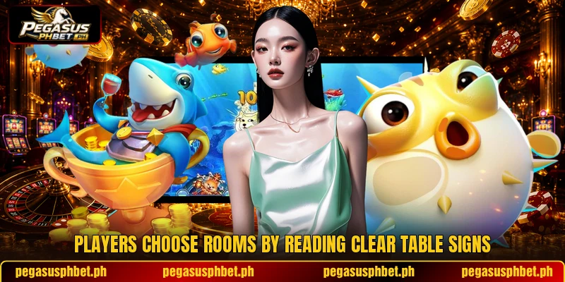 Players choose rooms by reading clear table signs