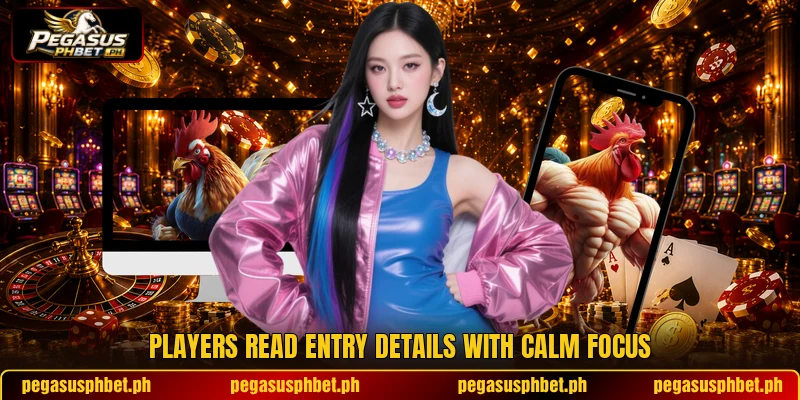Players read entry details with calm focus Players read entry details with calm focus